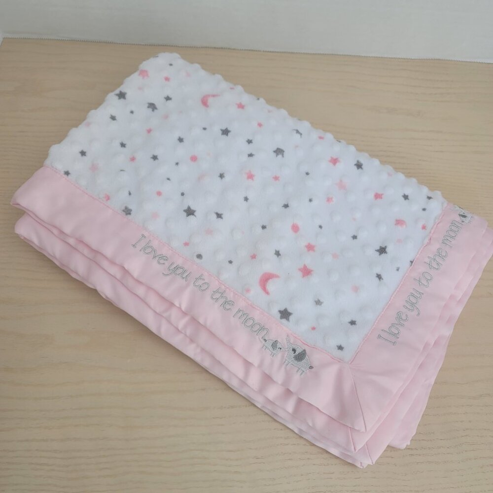 Just Born White Pink I Love You To The Moon Dot Baby Blanket Satin Trim 29x39"